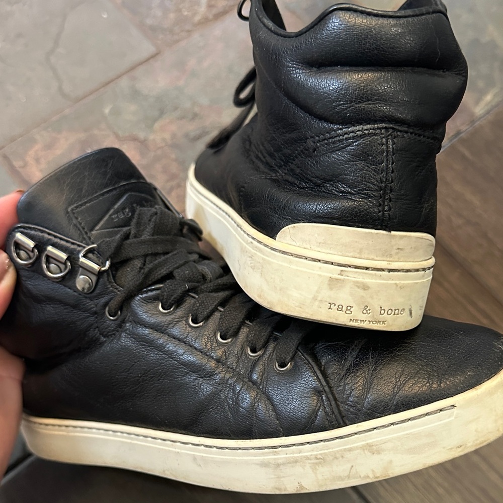 rag & bone Black Leather High-Top Sneakers with White Sole